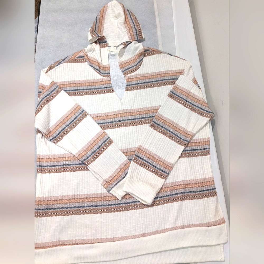 BKE Women's Striped V-Neck Hooded Pullover Shirt